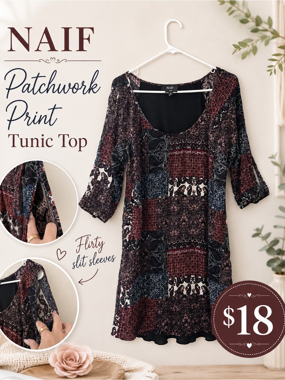 NAIF Patchwork Tunic Top - Burgundy, Black, Cream